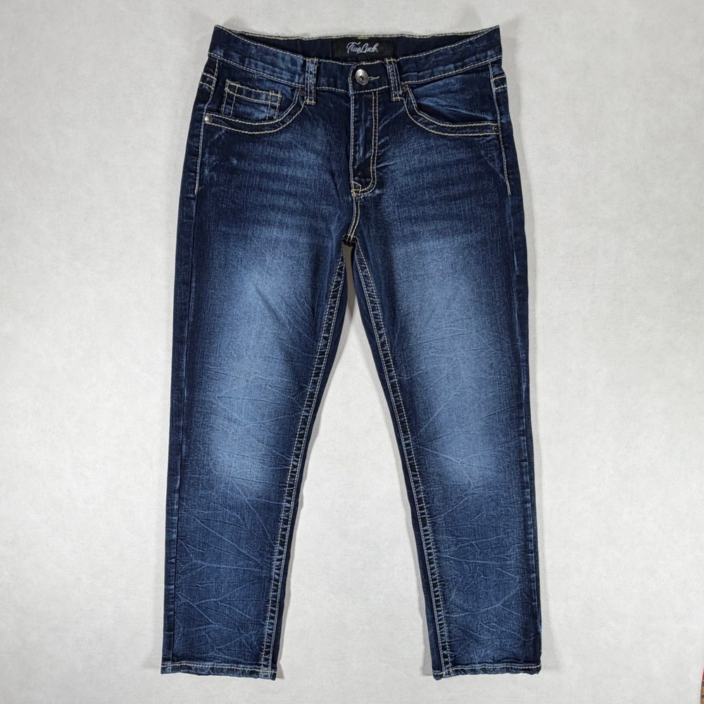 True Luck Mens 32x30 Straight Leg Jeans Dark Wash Whiskered Contrast Stitch